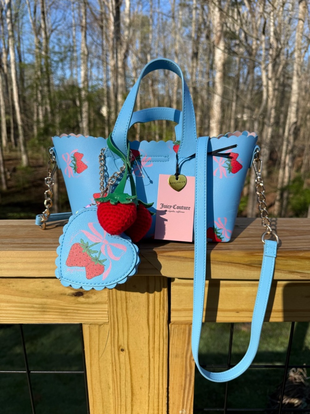Juicy Couture Blue Strawberry-Print Tote Bag with Heart Charm